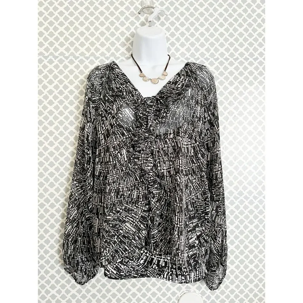 WHITE HOUSE BLACK MARKET Trixie Geo Ruffle Blouse M | Layered Career Chic Top